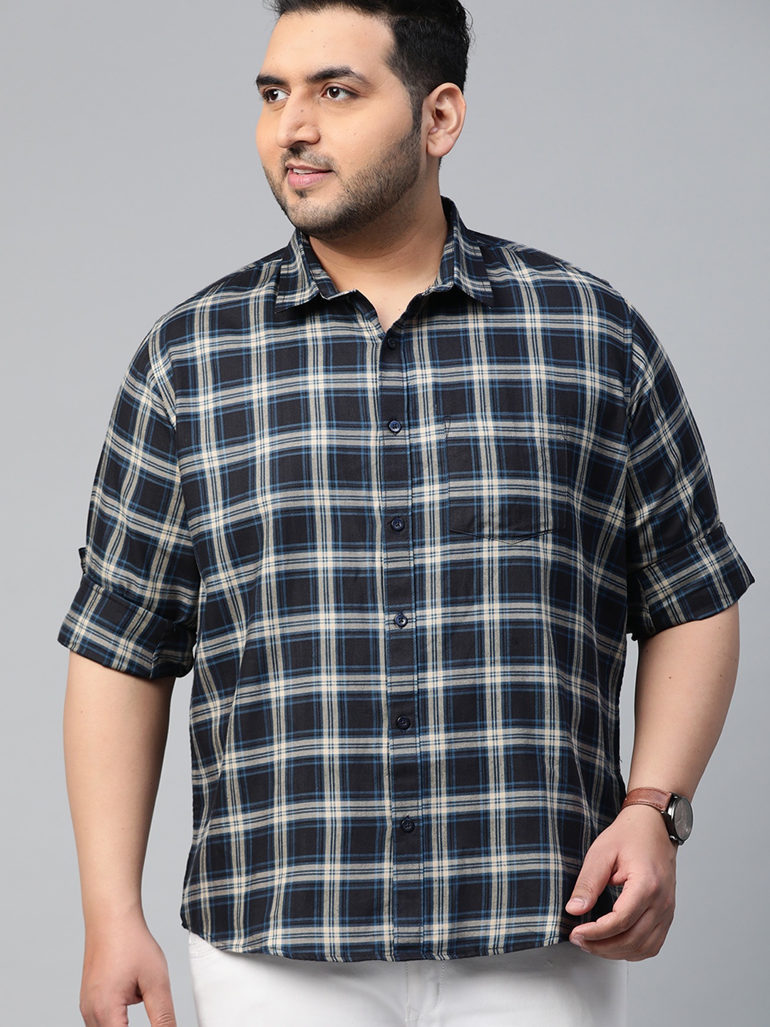 

DENNISON Men Navy & Beige Pure Cotton Slim Fit Checked Casual Shirt, Navy blue