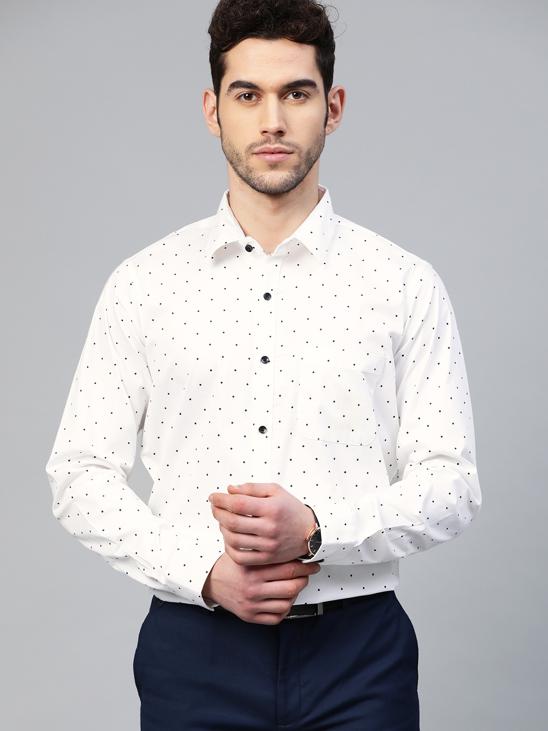 

DENNISON Men White & Navy Blue Smart Slim Fit Printed Formal Shirt