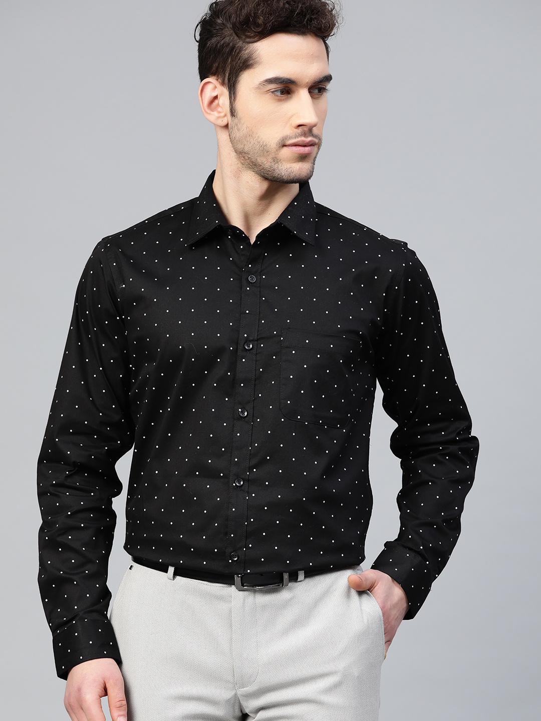

DENNISON Men Black & White Slim Fit Polka Dots Print Formal Shirt
