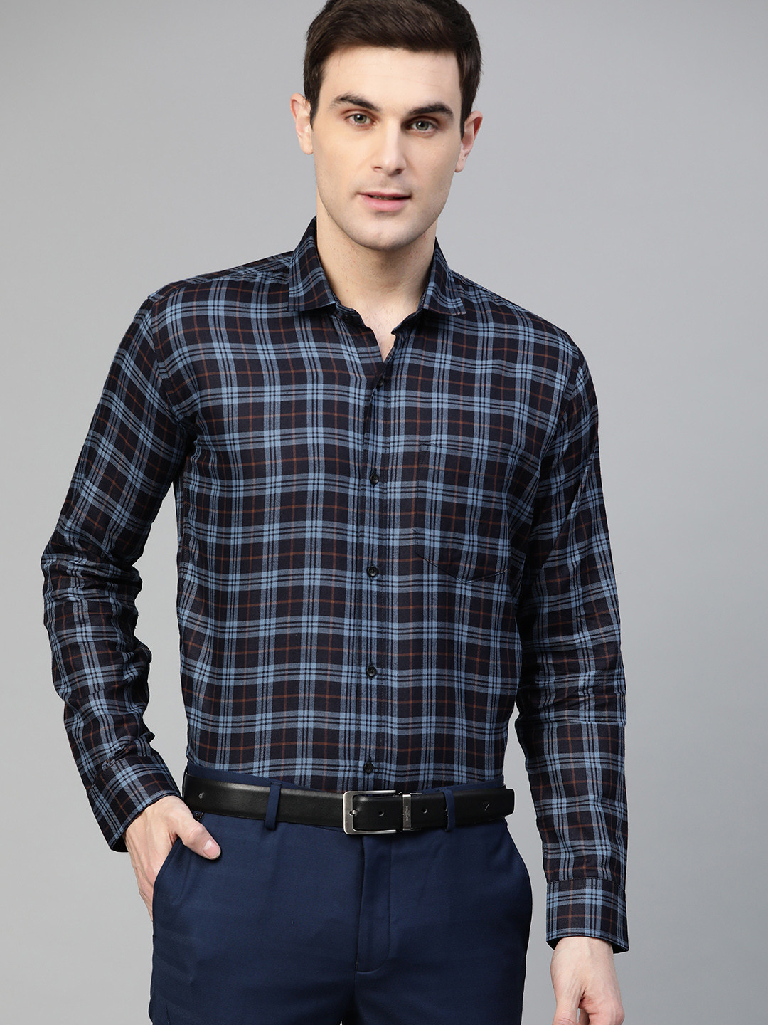 

DENNISON Men Blue Smart Slim Fit Pure Cotton Twill Weave Checked Formal Shirt