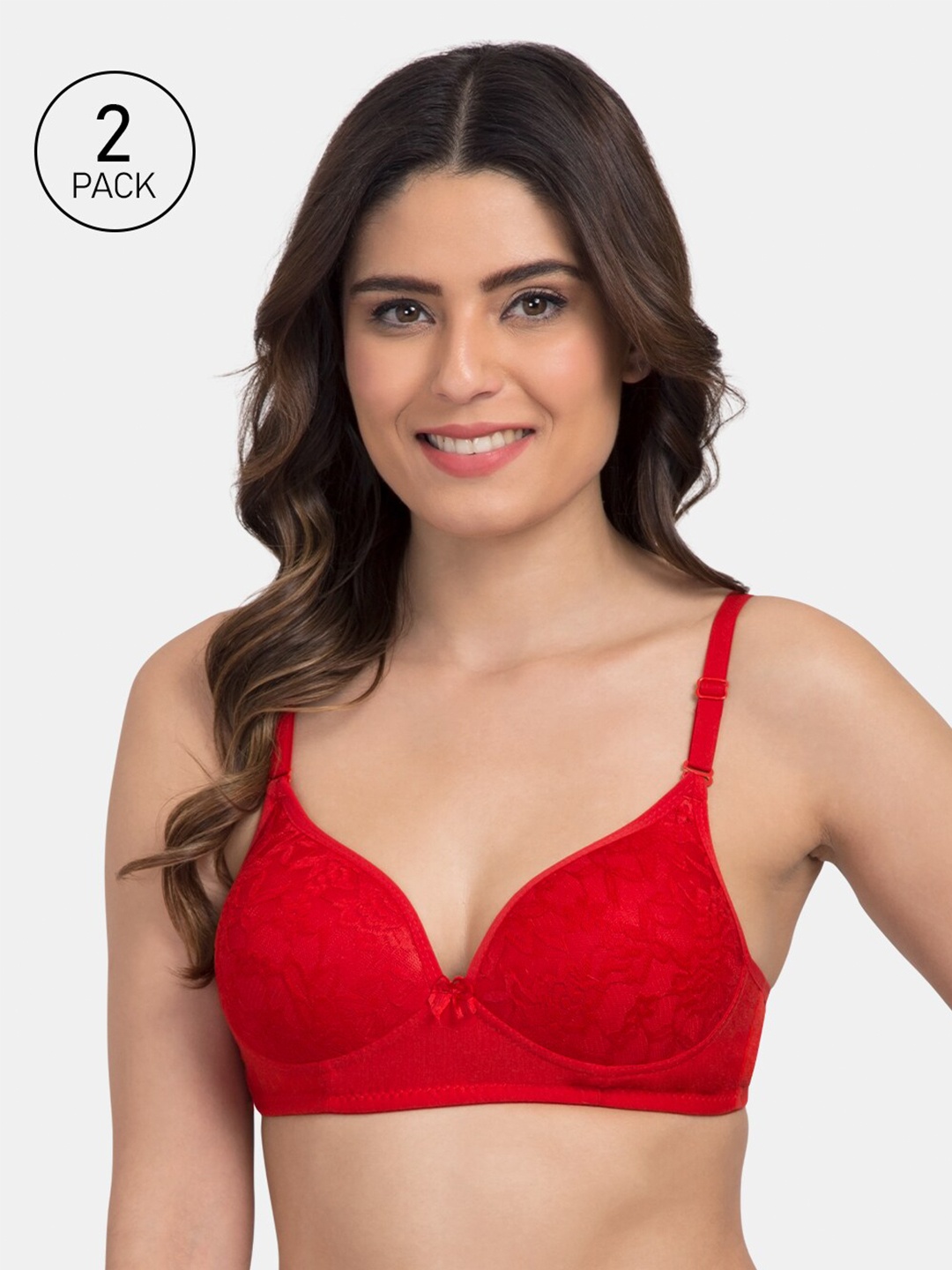 

KOMLI Pack of 2 Red Solid Non-Wired Lightly Padded T-shirt Bras K-9521-2PC-RD-30B