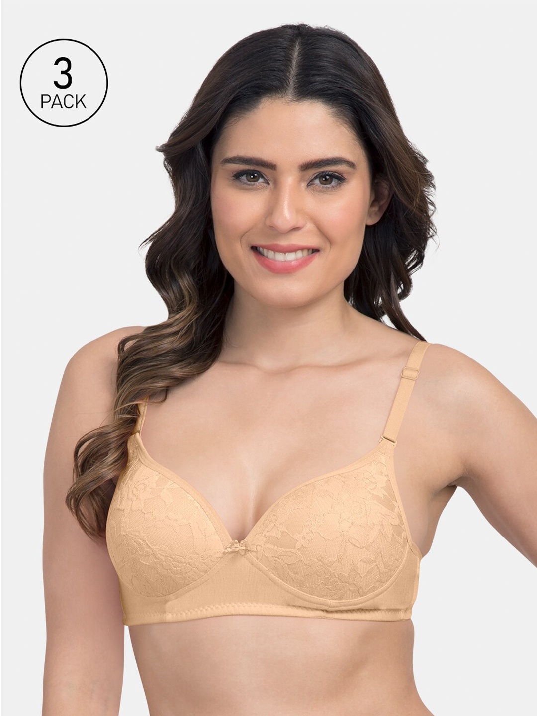 

KOMLI Pack Of 3 Lace Non-Wired Heavily Padded T-shirt Bras K-9521-3PC-SK, Beige