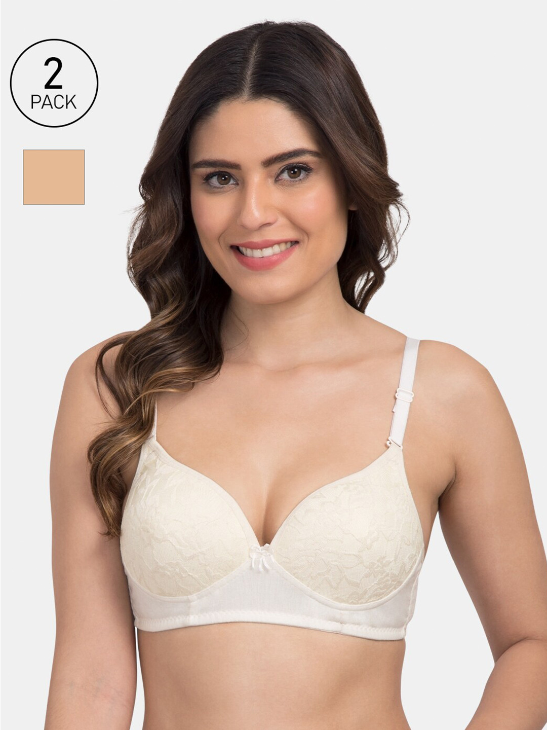 

KOMLI Pack Of 2 Self Design Non-Wired Heavily Padded T-shirt Bra K-9521-OFFW-2PC-SK, White