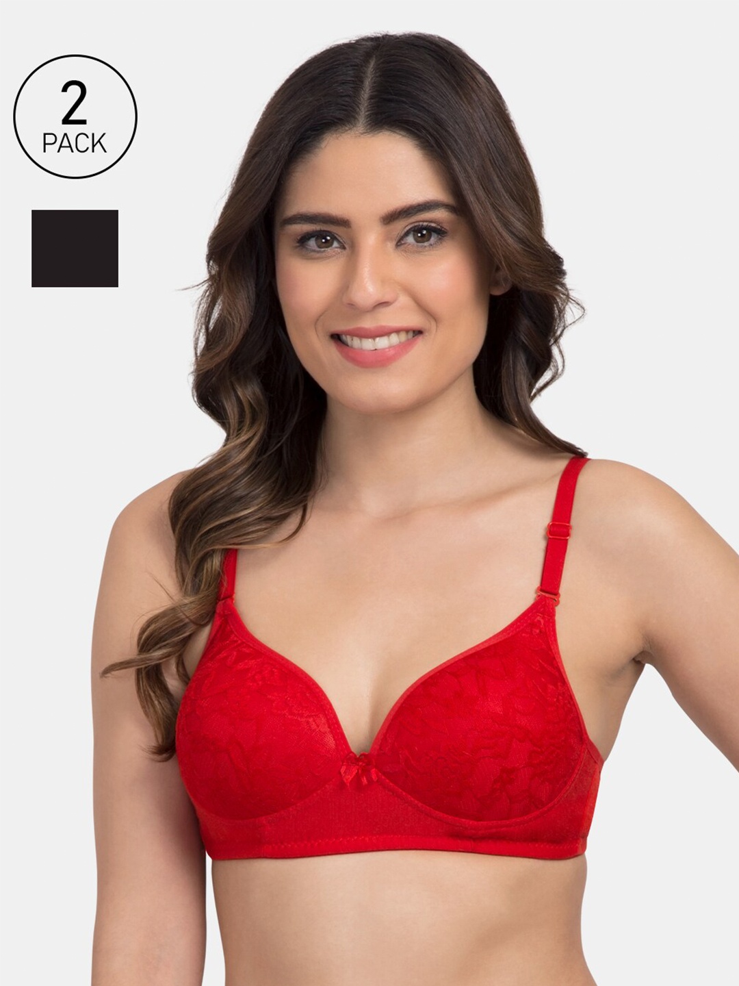 

KOMLI Pack of 2 Self Design Non-Wired Heavily Padded T-shirt Bra K-9521, Red