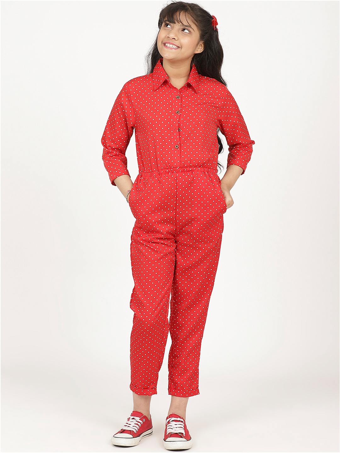 

Uptownie Lite Girls Red & White Printed Roll Up Basic Jumpsuit