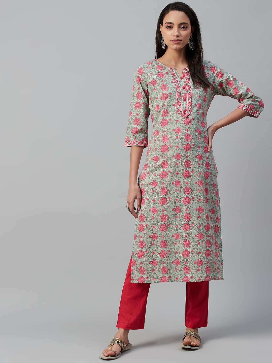 

Yuris Women Green & Pink Pure Cotton Printed Straight Kurta