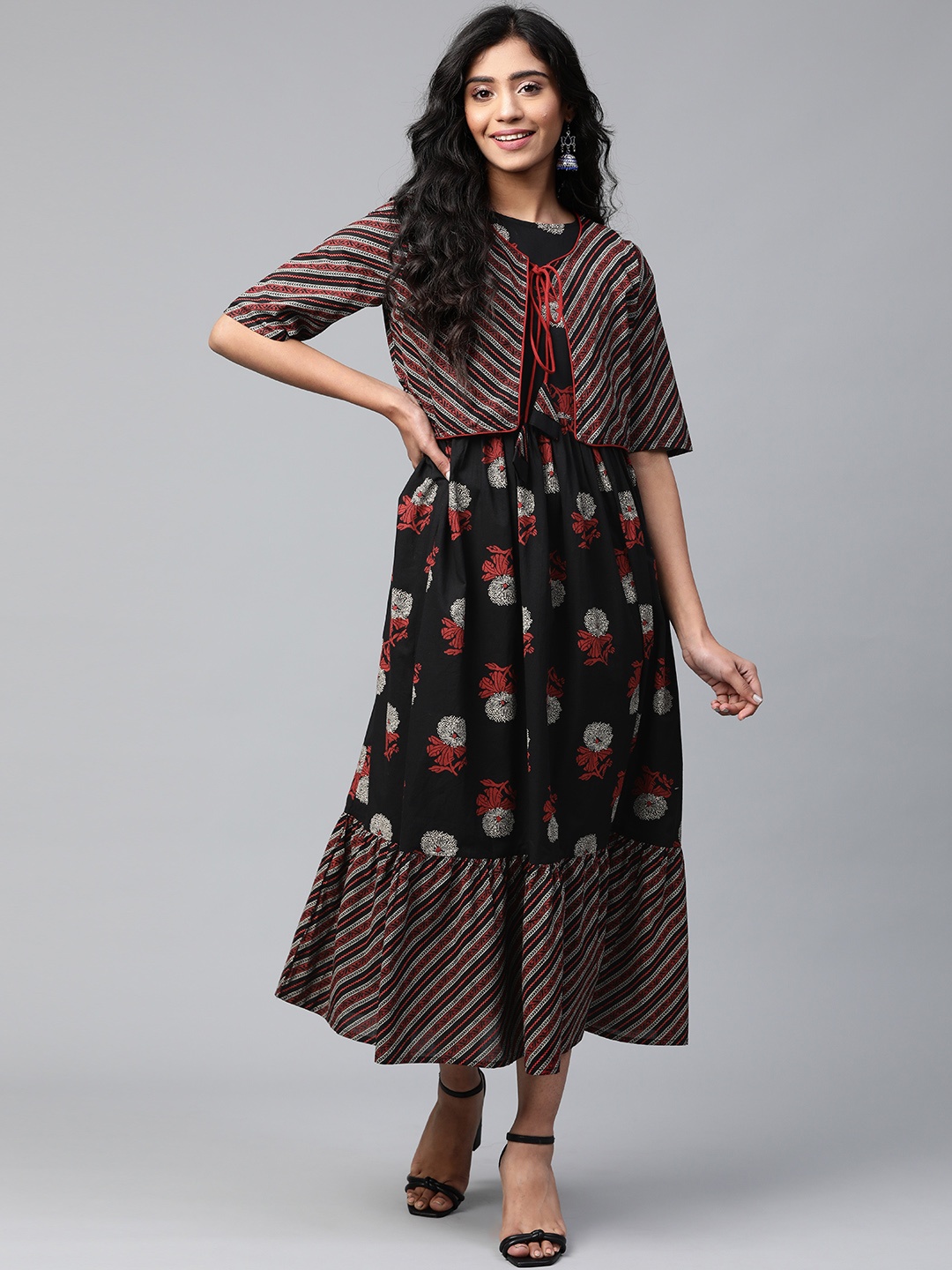 

Yuris Women Black & Red Pure Cotton Printed Maxi Dress With Attached Layered Ethnic Jacket