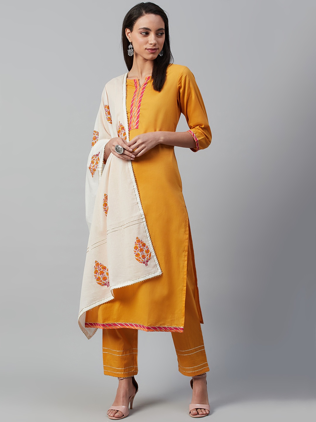 

Yuris Women Mustard Yellow & Off-White Pure Cotton Solid Kurta with Trousers & Dupatta