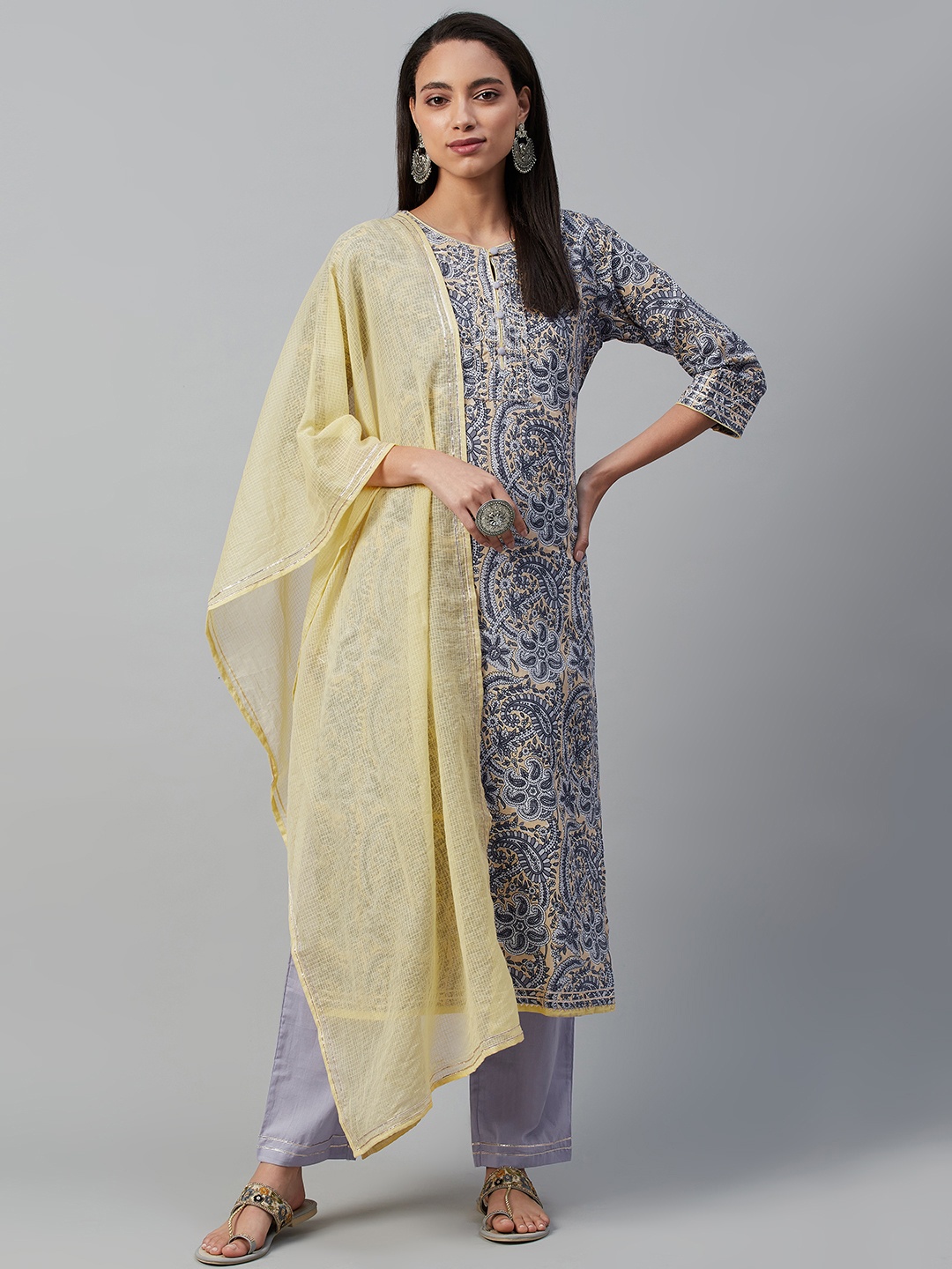 

Yuris Women Lavender & Yellow Printed Pure Cotton Kurta with Palazzos & Dupatta