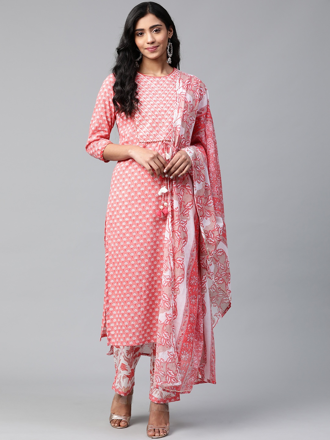 

Yuris Women Pink & White Printed Pure Cotton Kurta with Trousers & Dupatta