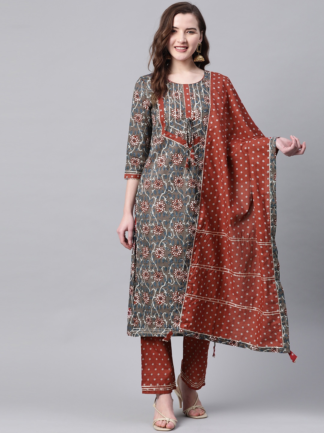 

Yuris Women Taupe & Rust Printed Kurta with Palazzos & Dupatta