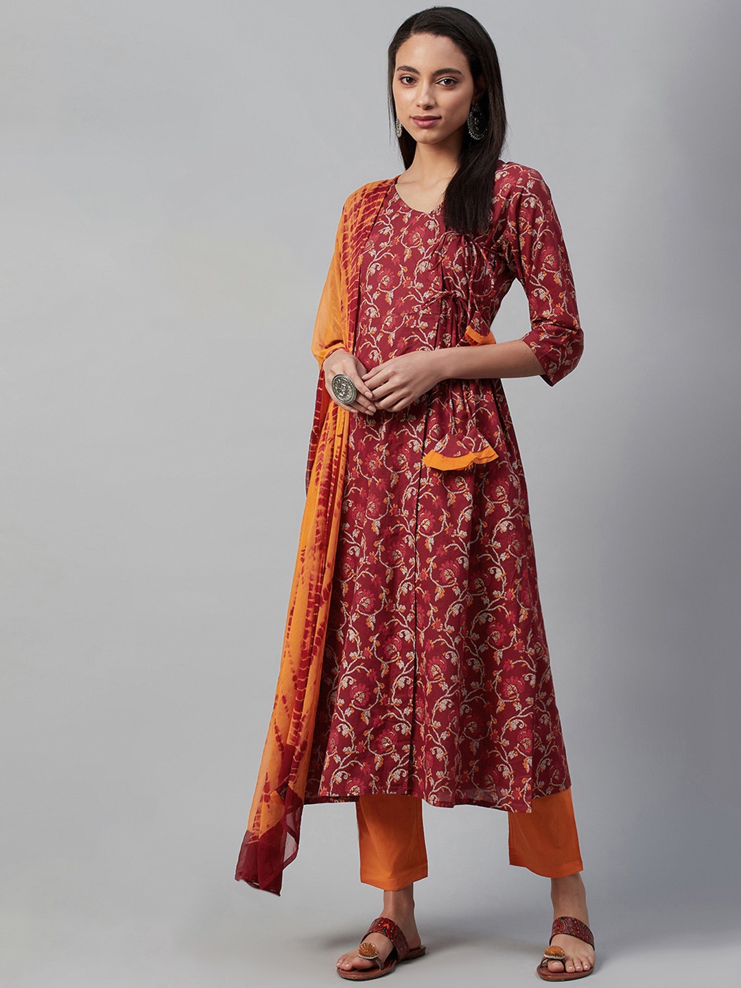 

Yuris Women Maroon & Orange Pure Cotton Printed Kurta with Trousers & Dupatta