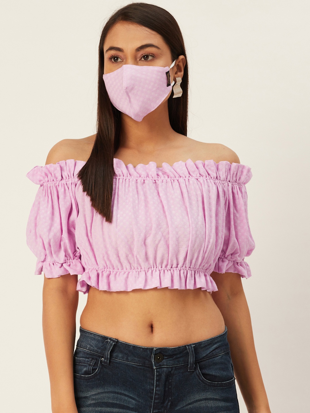 

DIVA WALK EXCLUSIVE Women Lavender Self-Design Cropped Bardot Top