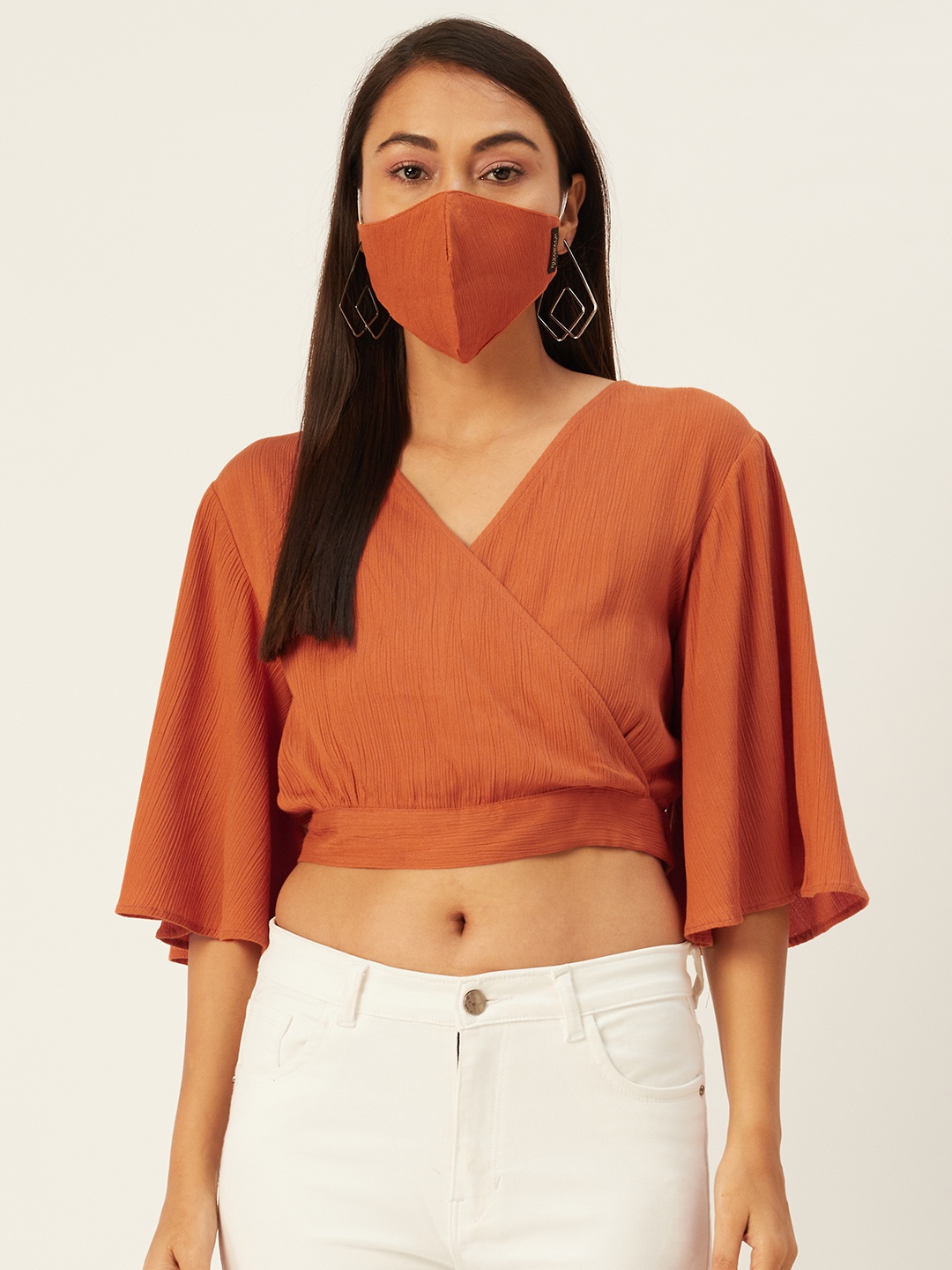 

DIVA WALK EXCLUSIVE Women Rust Brown Solid Cropped Wrap Top
