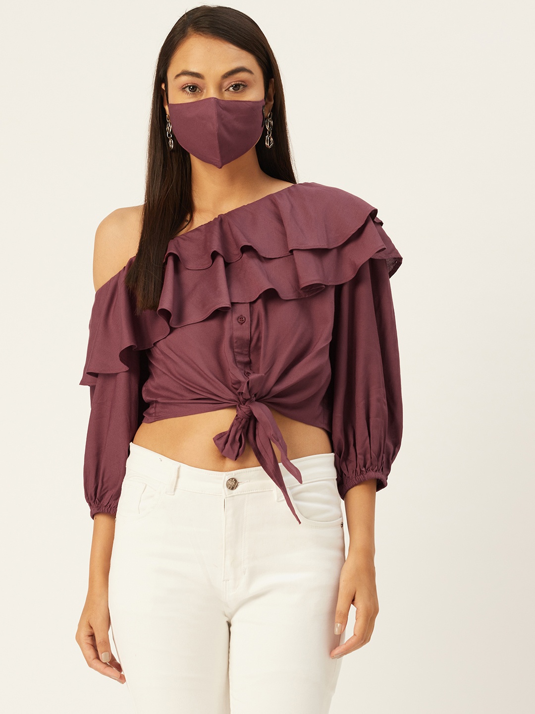 

DIVA WALK EXCLUSIVE Women Burgundy Solid One-Shoulder Crop Top with Matching Mask