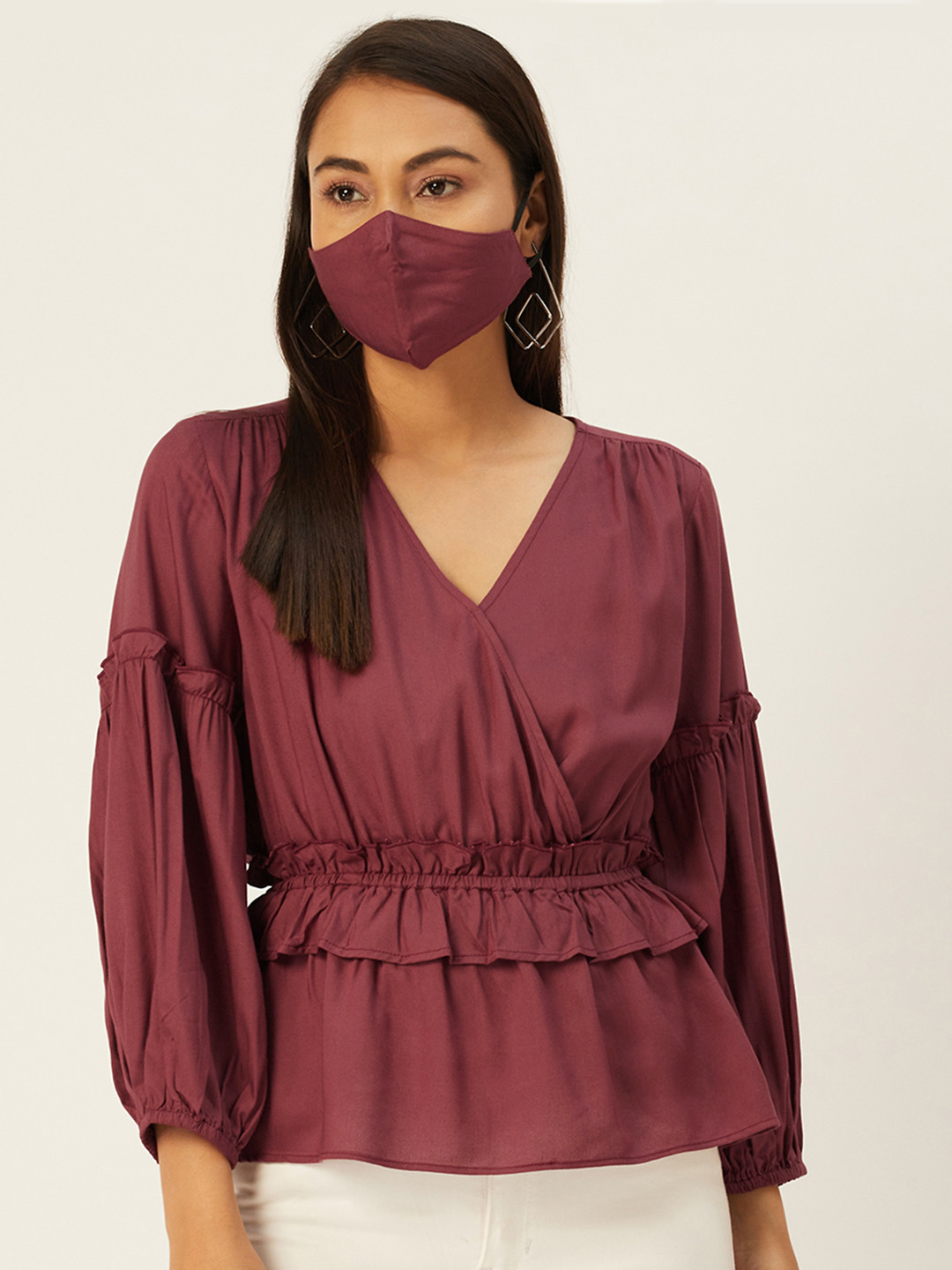 

DIVA WALK EXCLUSIVE Women Burgundy Solid Cinched Waist Pure Cotton Top & Mask