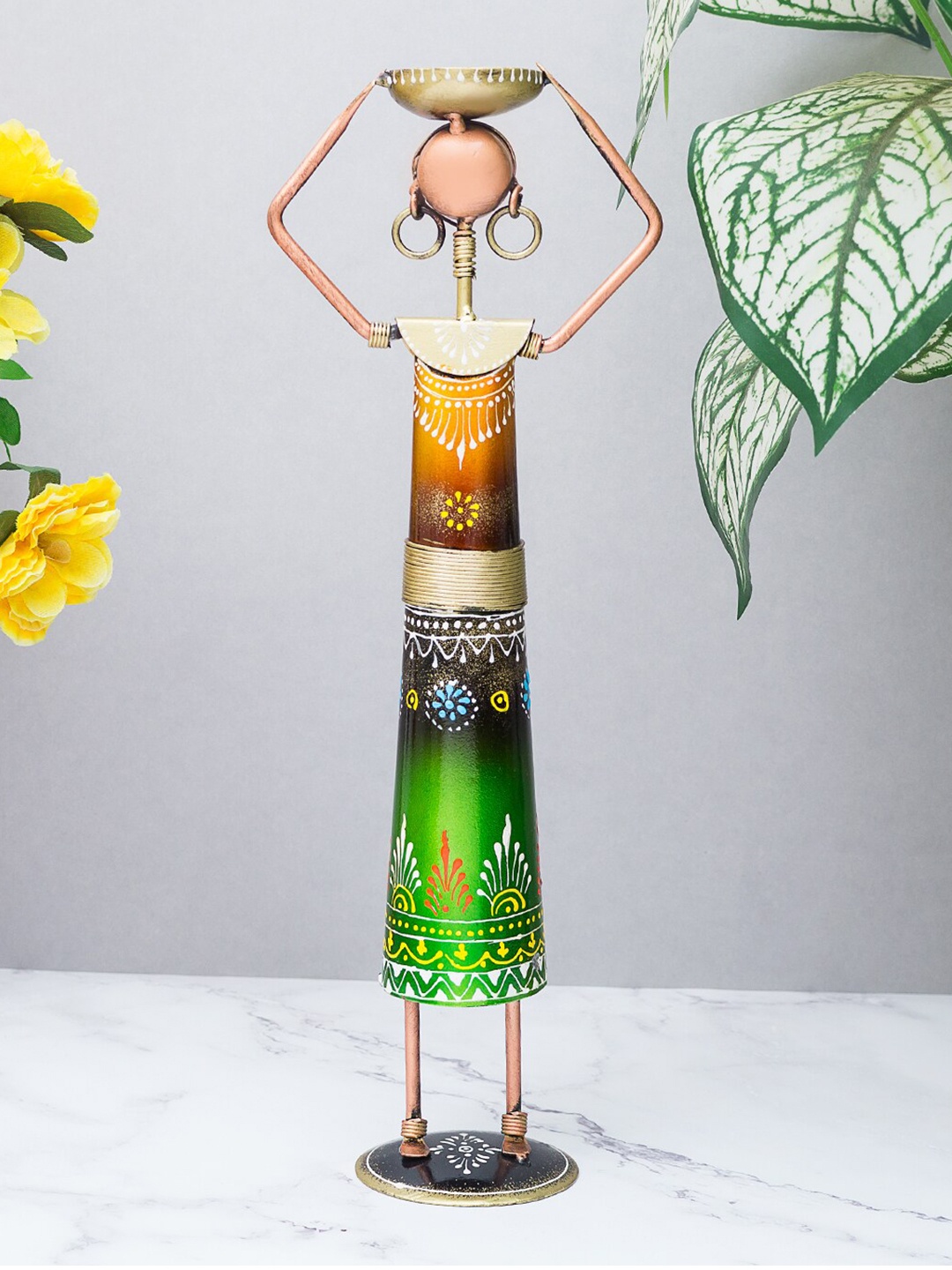 

Golden Peacock Green & Orange Metal Rajasthani Working Lady Figurine Showpiece