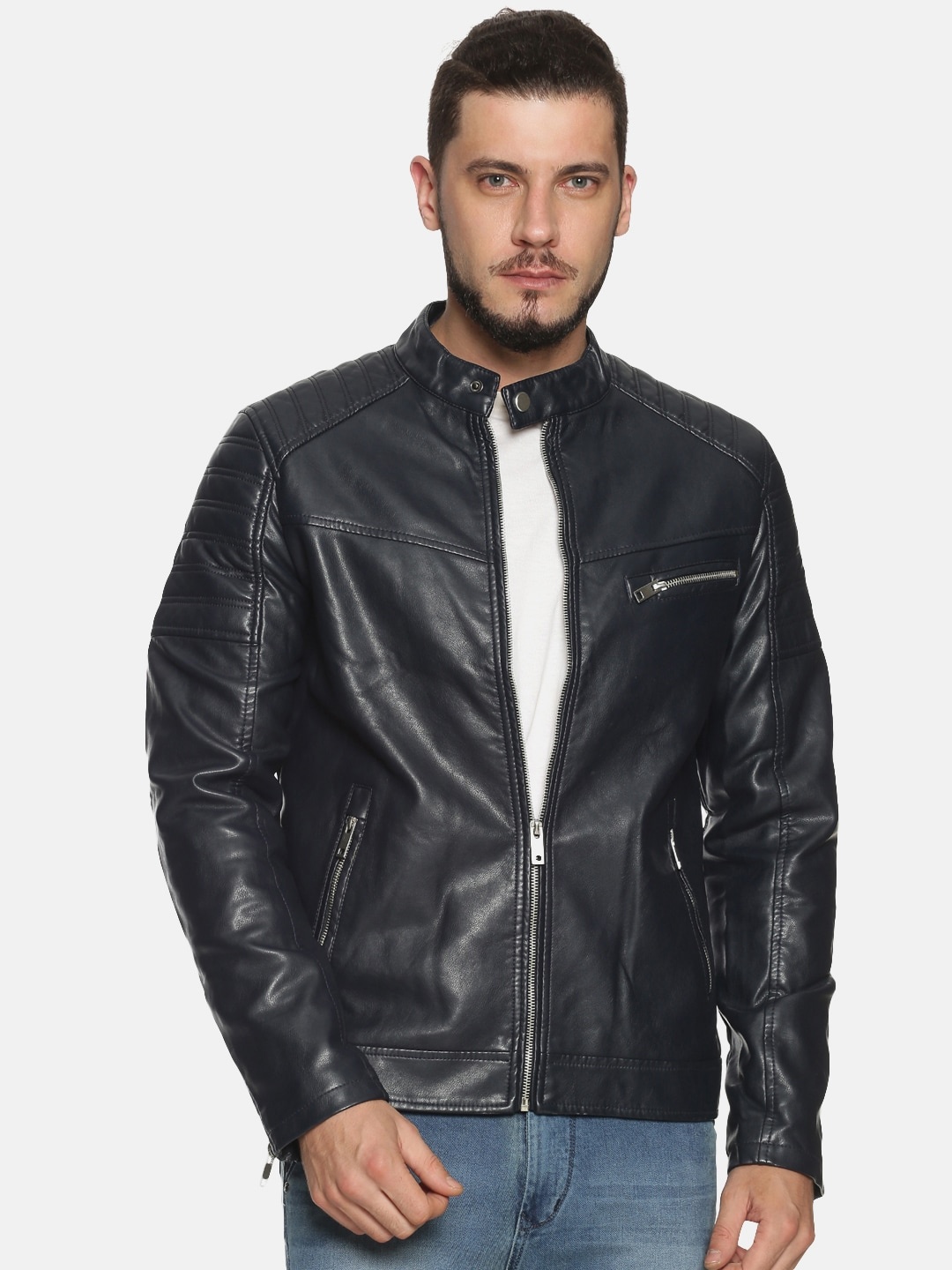 

SHOWOFF Men Navy Blue Solid Biker Jacket