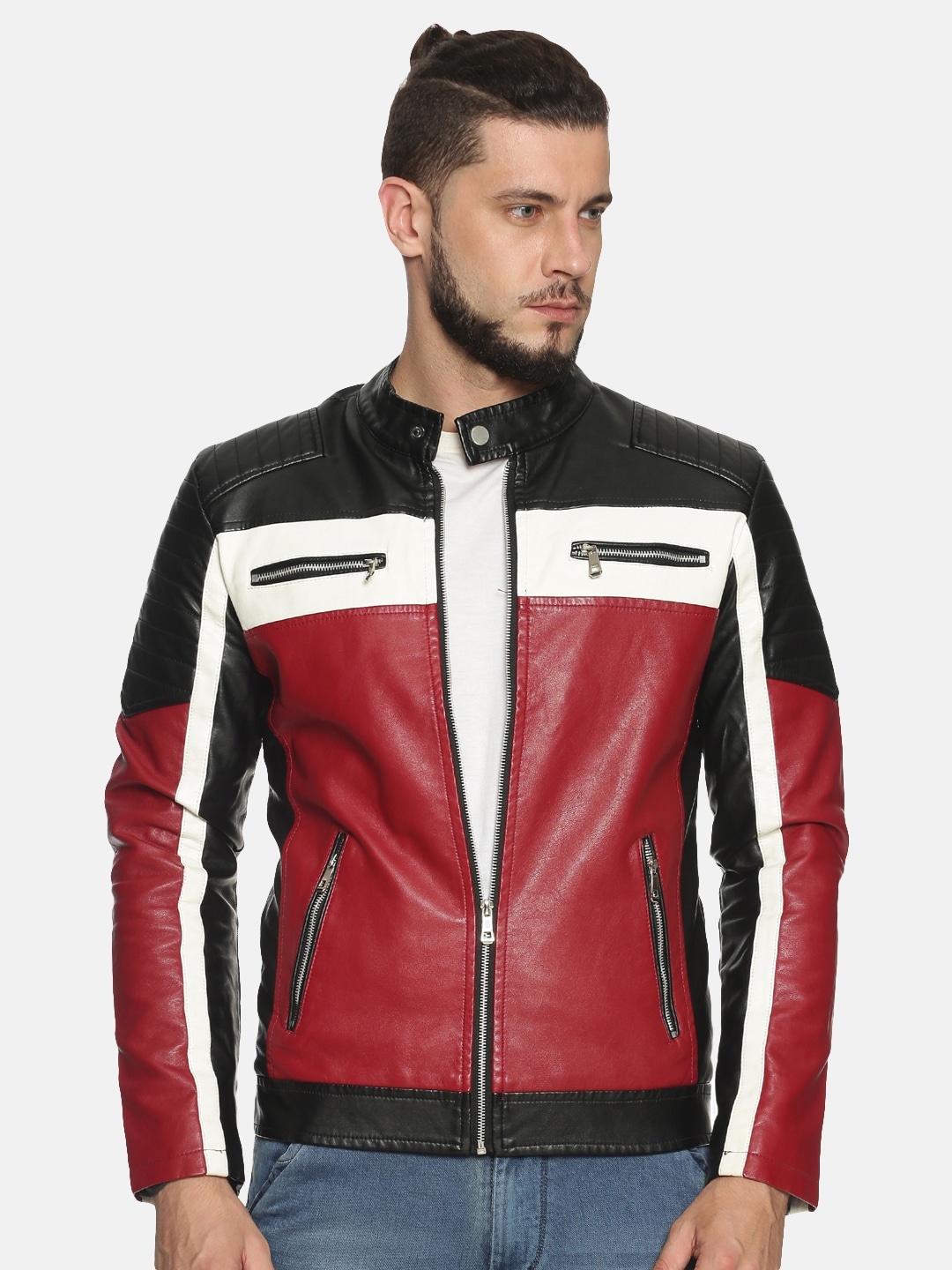 

SHOWOFF Men Red Colourblocked Biker Jacket