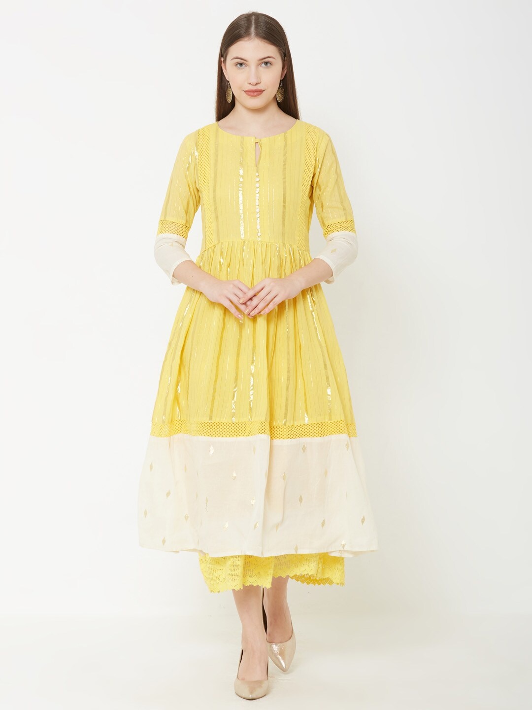 

FASHOR Women Yellow Woven Design A-Line Kurta