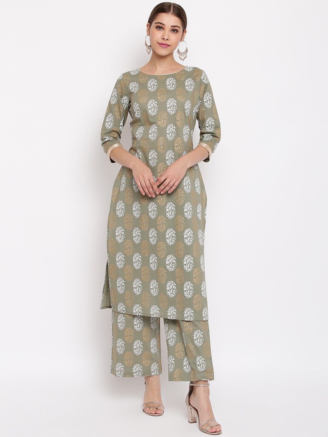 

Janasya Women Green Printed Kurta with Palazzos