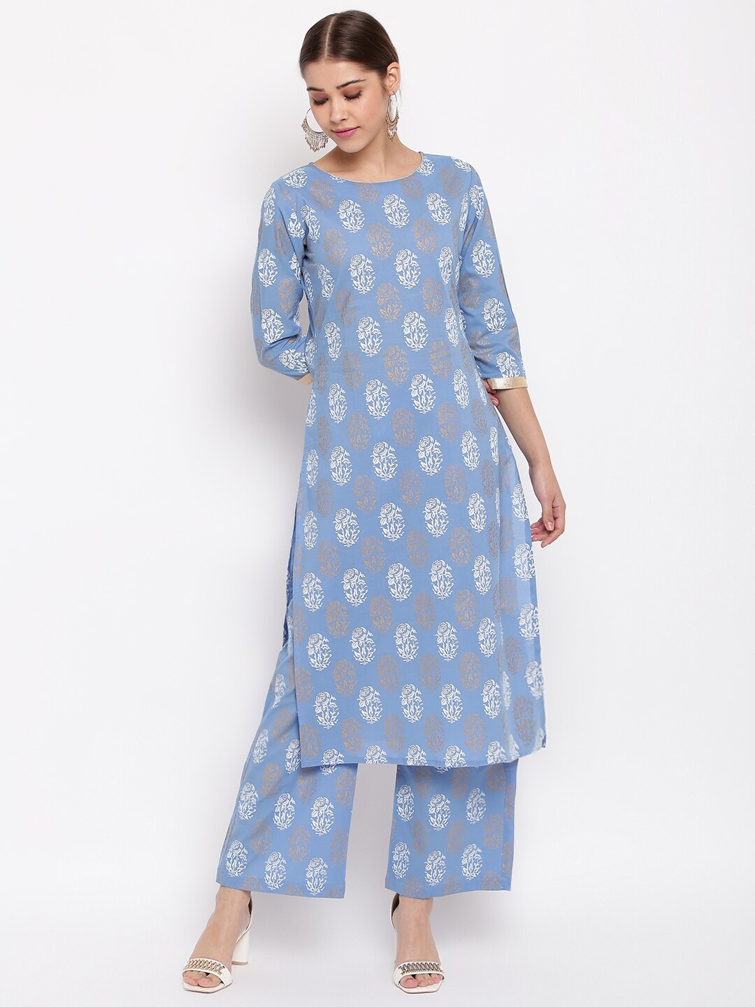 

Janasya Women Blue & White Printed Kurta with Palazzos