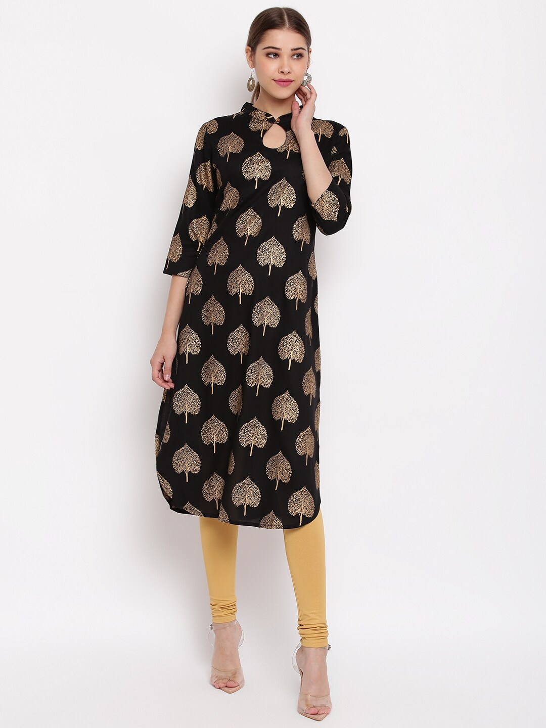

Janasya Women Black & Gold-Toned Printed Pathani Kurta