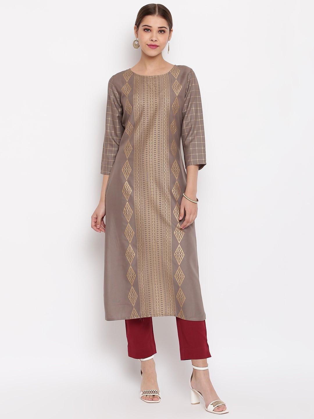 

Janasya Women Grey & Gold-Toned Woven Design Straight Kurta