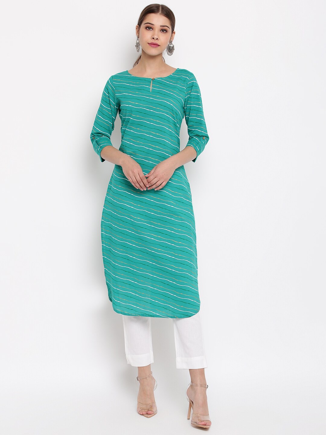 

Janasya Women Sea Green & Gold-Toned Striped Straight Kurta