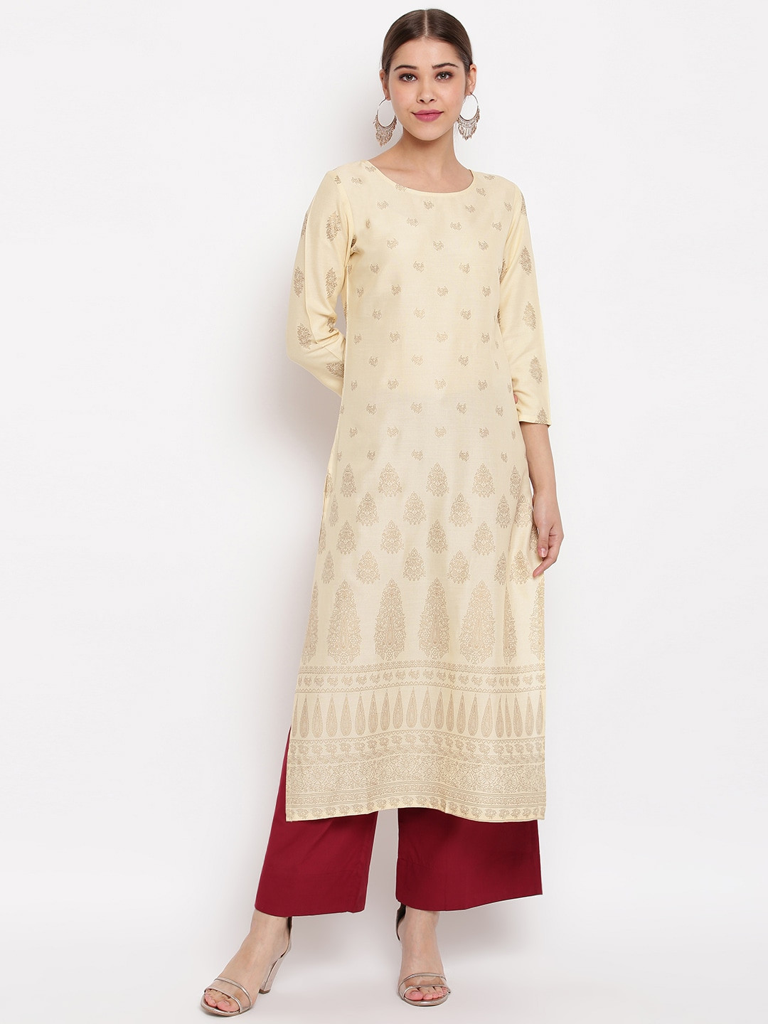 

Janasya Women Cream-Coloured & White Woven Design A-Line Kurta