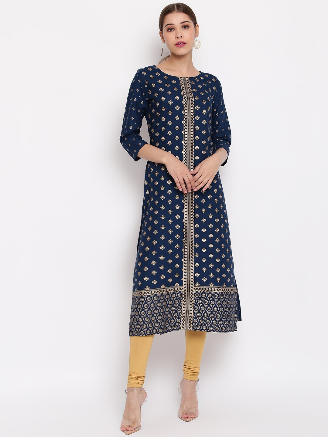 

Janasya Women Blue & Gold-Toned Printed A-Line Kurta