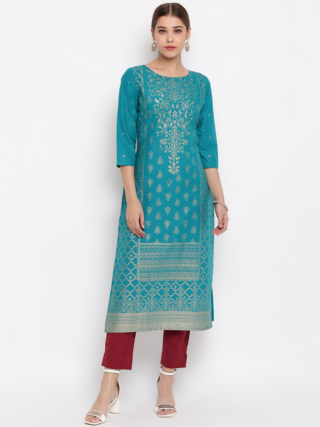 

Janasya Women Turquoise Blue & Gold-Toned Printed Straight Kurta