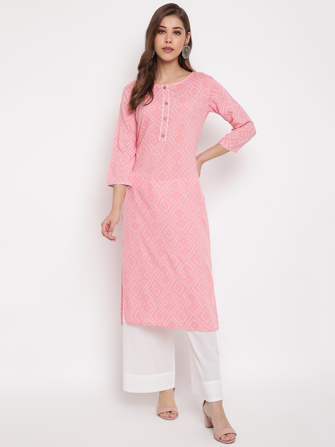 

Janasya Women Pink Printed Straight Kurta