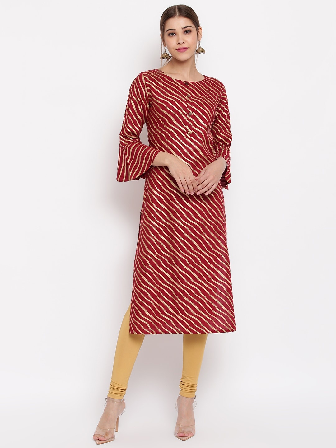 

Janasya Women Maroon & Gold-Toned Striped Straight Kurta
