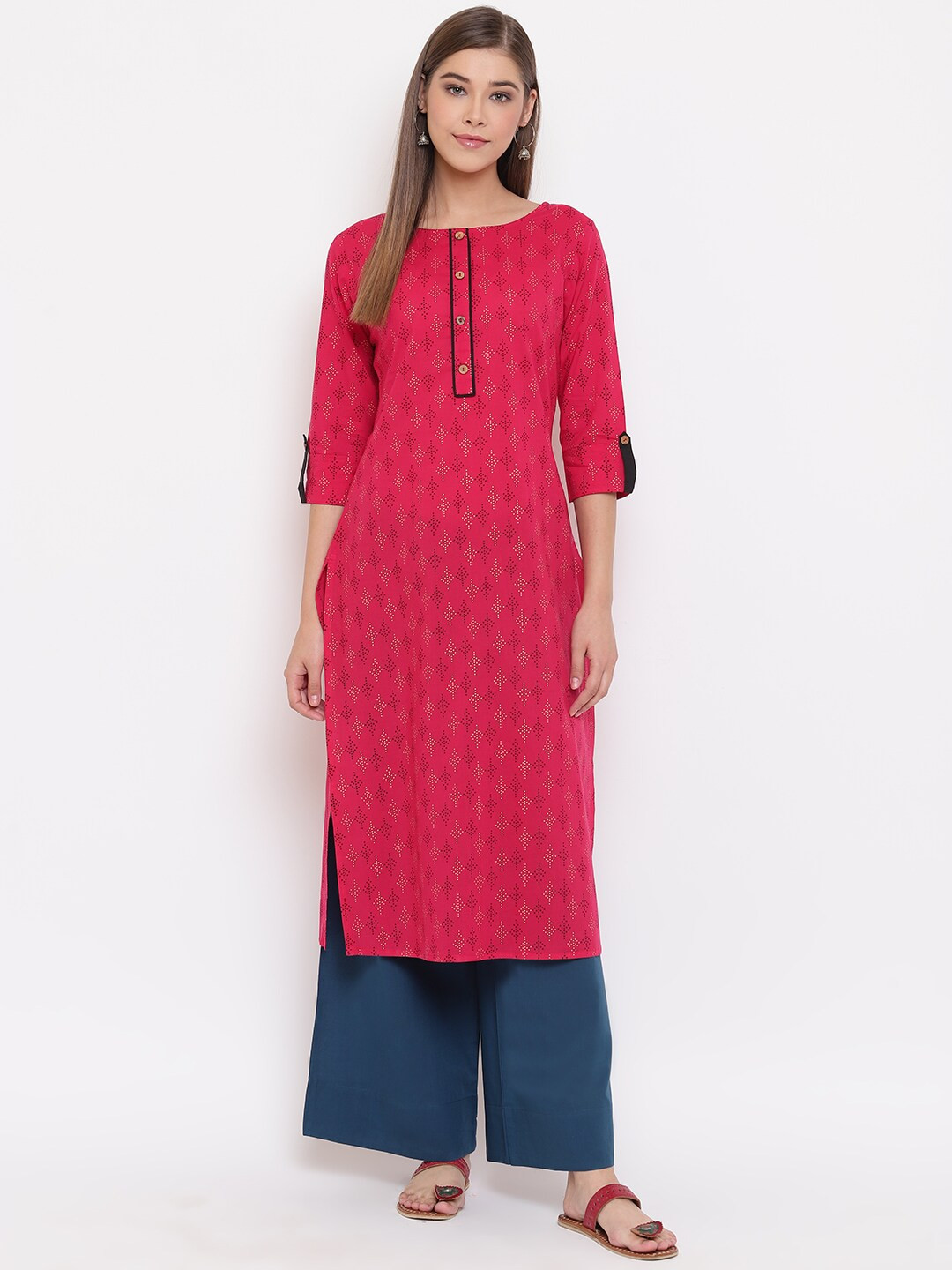 

Janasya Women Pink Printed Straight Kurta