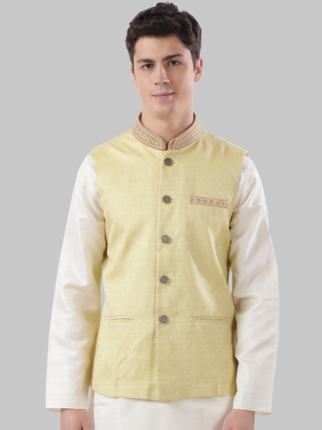 

Ethnix by Raymond Men Green Woven Design Pure Cotton Nehru Jacket