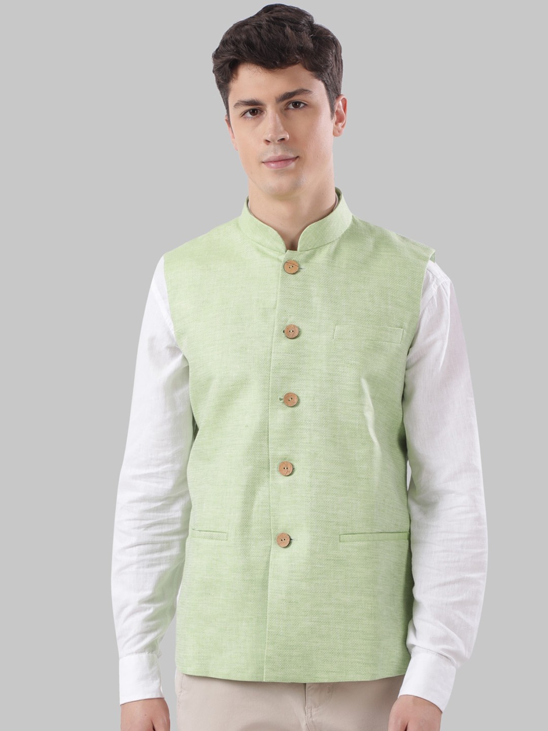 

Ethnix by Raymond Men Green Printed Pure Cotton Nehru Jacket