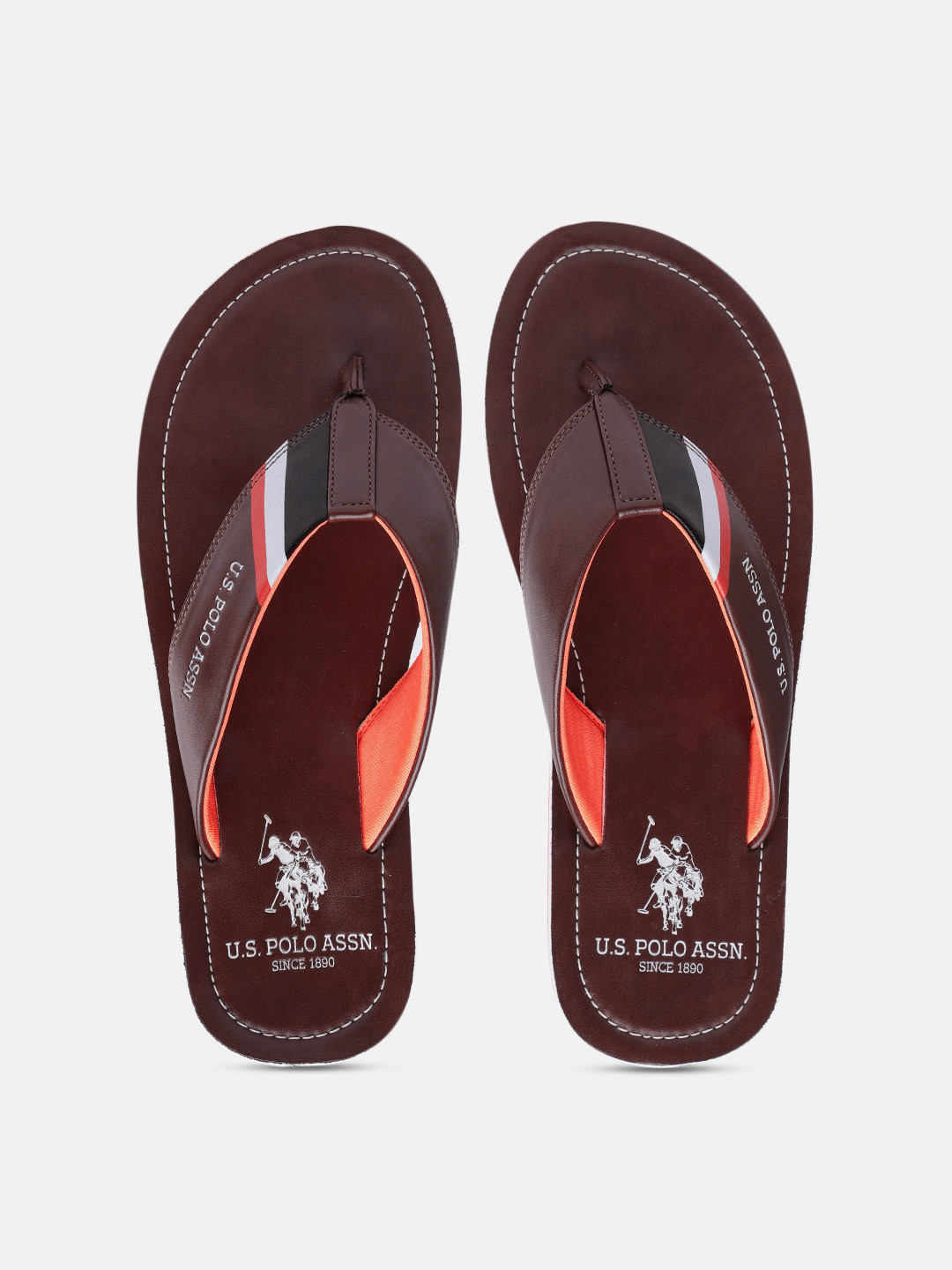 

U.S. Polo Assn. Men Brown Brand Logo Printed Thong Flip-Flops
