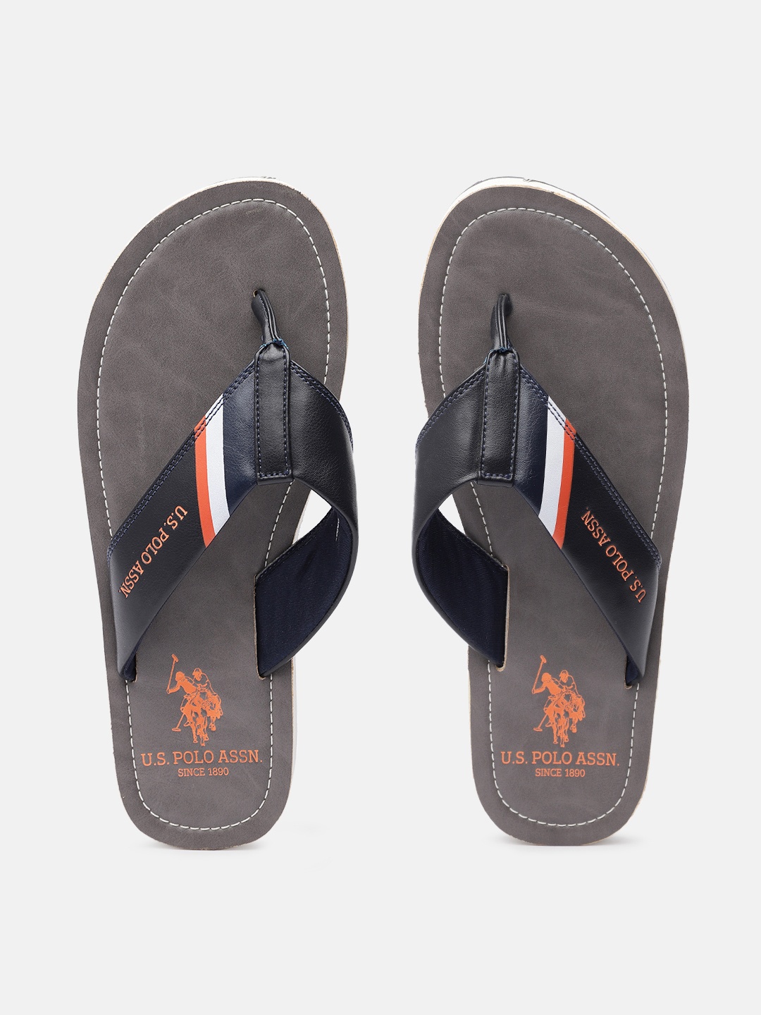 

U.S. Polo Assn. Men Brand Logo Print & Striped Patt Thong Flip-Flops, Navy blue