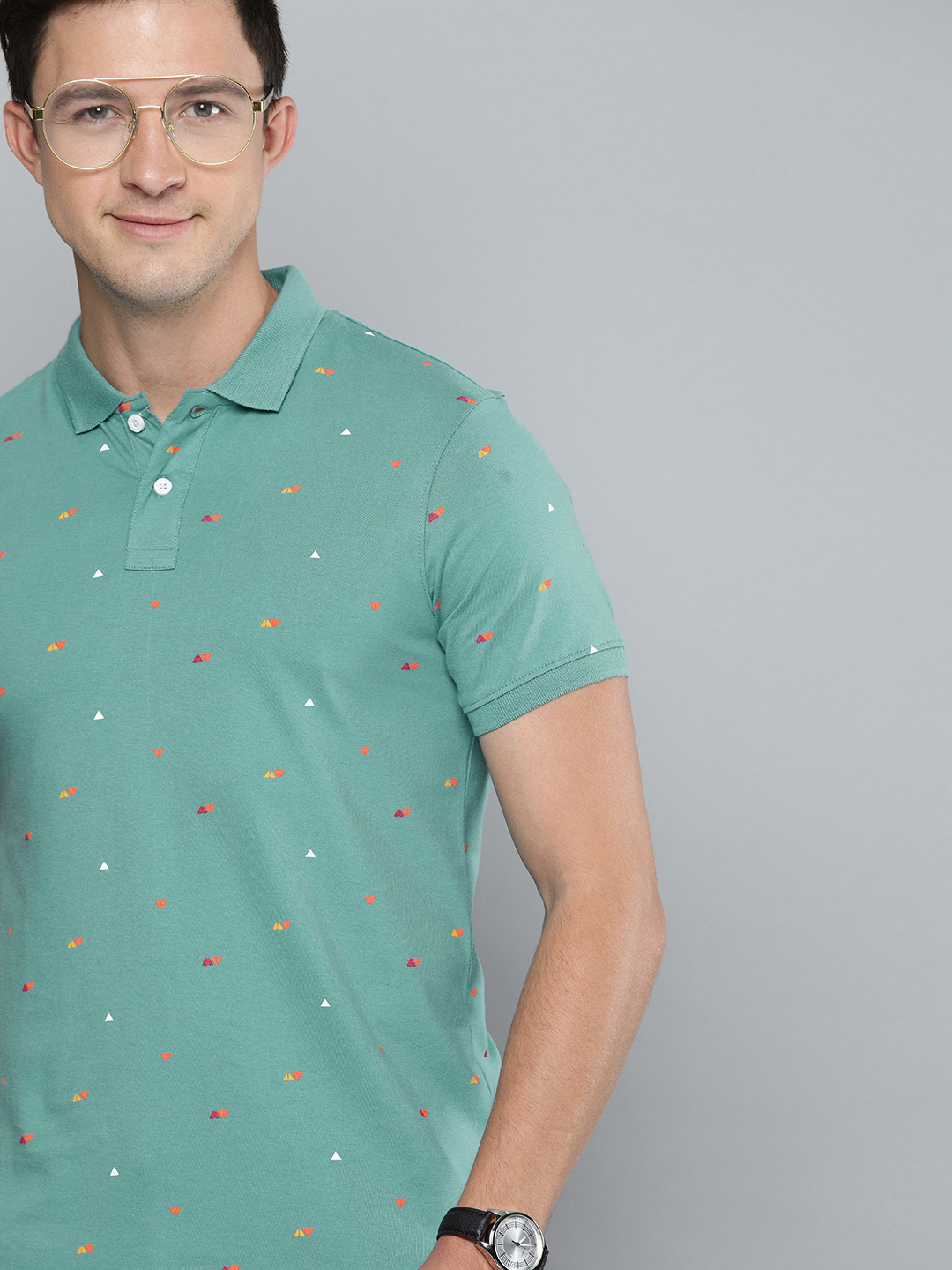 

Mast Harbour Men Green Red Printed Polo Collar Pure Cotton T-shirt