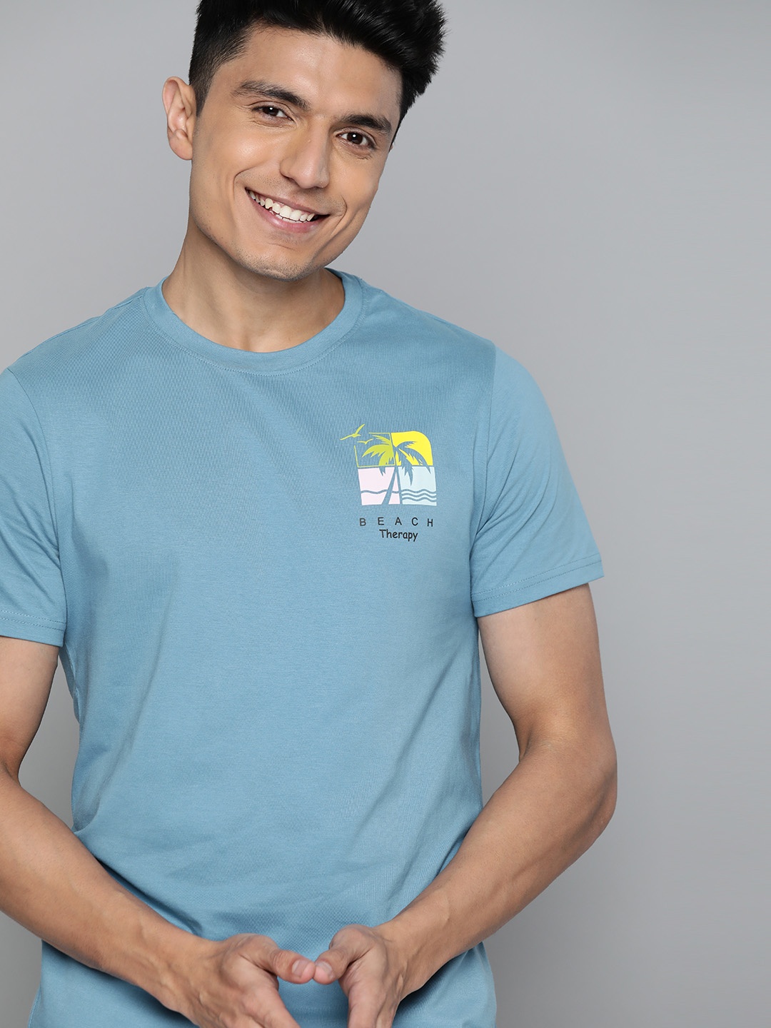 

Mast Harbour Men Blue Printed Detail Round Neck Pure Cotton T-shirt