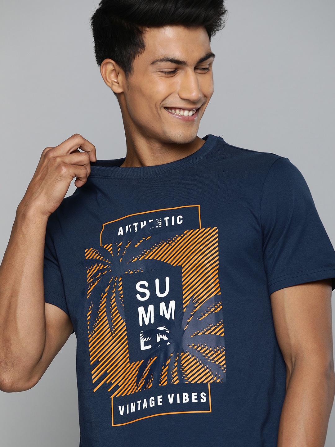 

Mast Harbour Men Navy Blue Printed Round Neck Pure Cotton T-shirt