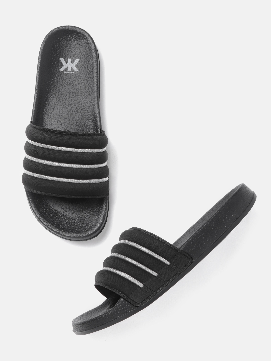 

Kook N Keech Women Black & Silver-Toned Striped Shimmer Quilted Open Toe Flats