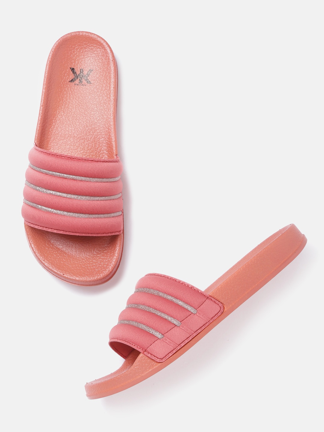 

Kook N Keech Women Pink & Silver-Toned Striped Shimmer Quilted Flip Flops