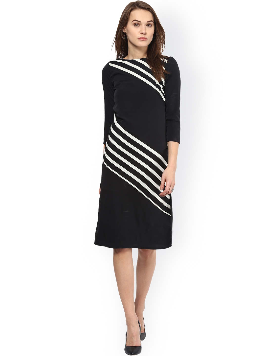 

Harpa Black Striped Boat Neck Sheath Dress