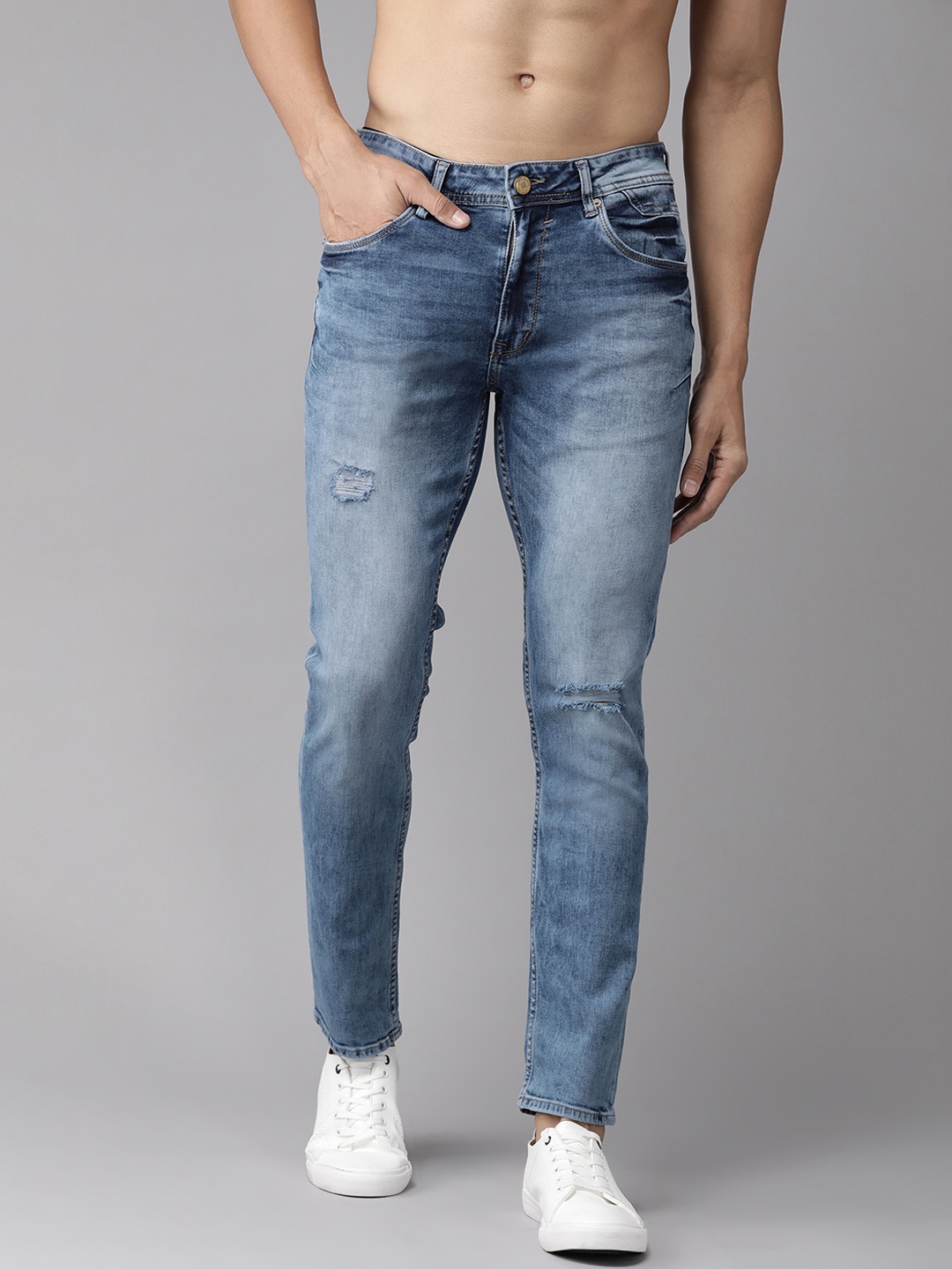 

The Roadster Lifestyle Co Men Navy Blue Skinny Fit Mid-Rise Low Distress Jeans