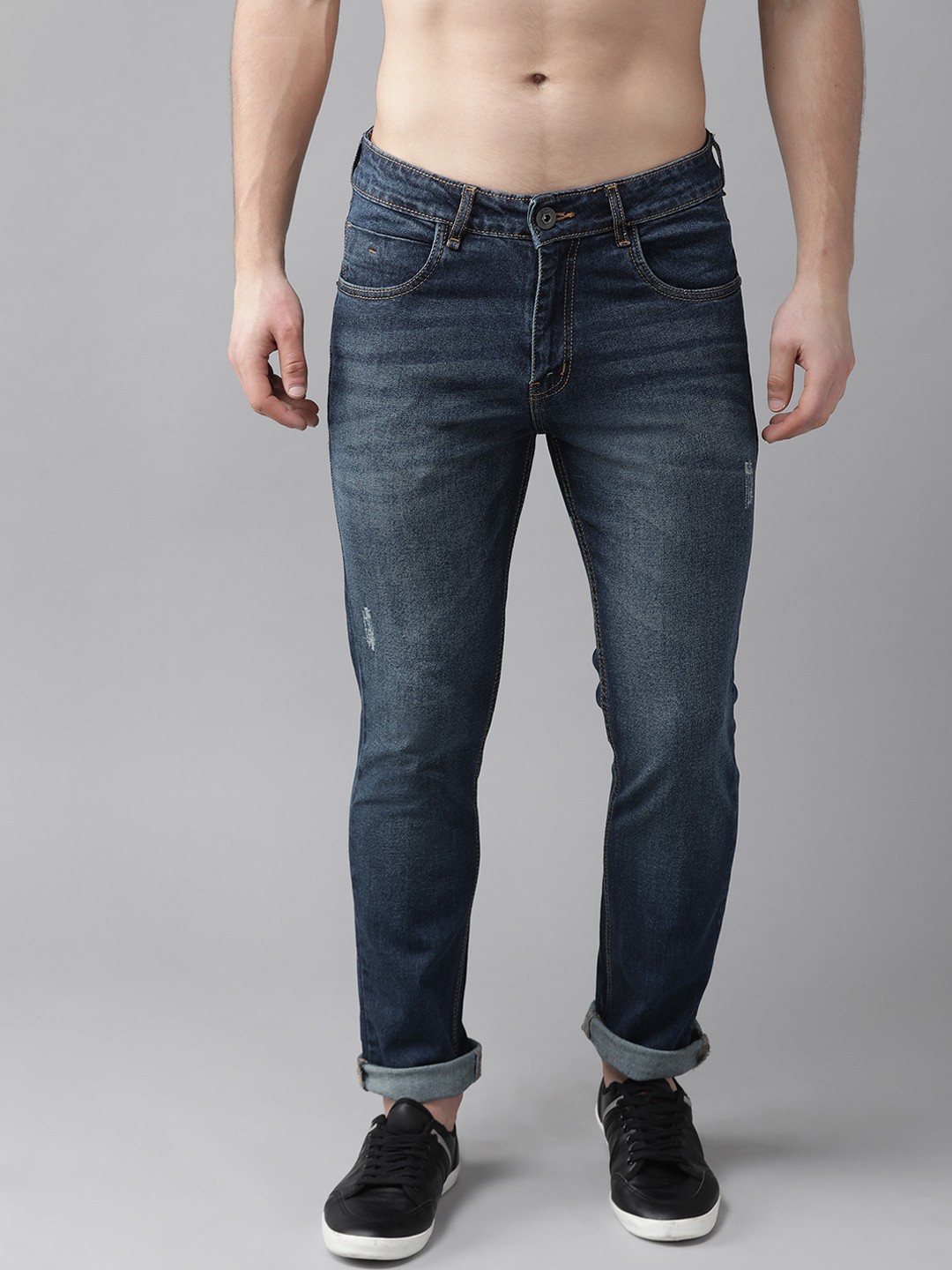 

The Roadster Lifestyle Co Men Navy Blue Skinny Fit Mid-Rise Low Distress Stretchable Jeans
