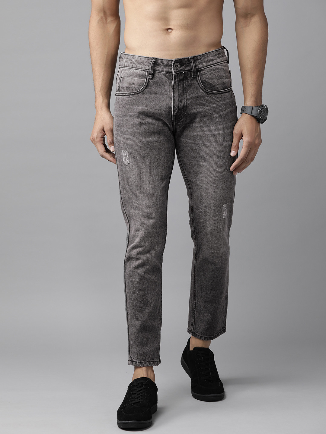 

The Roadster Lifestyle Co Men Charcoal Grey Skinny Fit Mid-Rise Low Distress Stretchable Jeans