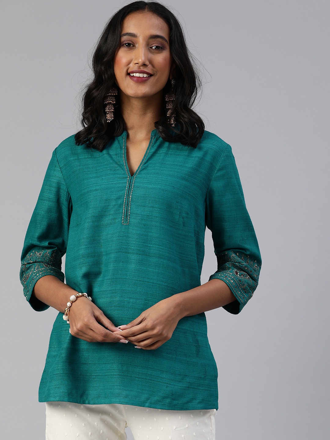 

Fabindia Women Teal Green Woven Design Pure Silk Straight Kurti