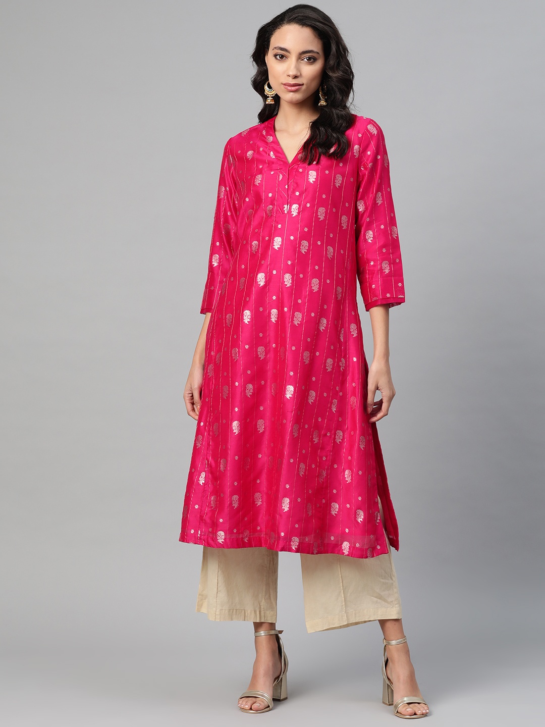 

Fabindia Women Pink & Golden Woven Design Straight Kurta